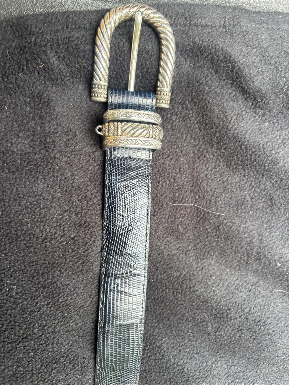 Brighton Black VintageLizard-Texture Leather Belt with Gold-Tone Buckle